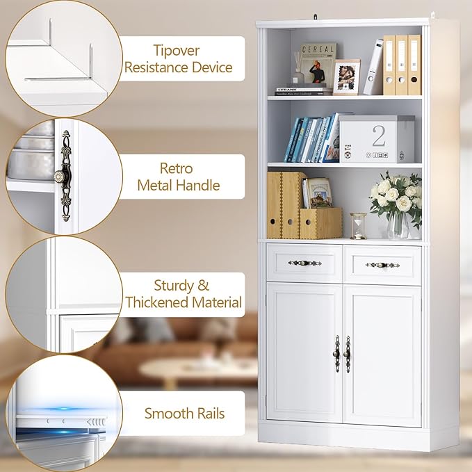72'' Tall Bookcase with Doors and Drawers, Adjustable Shelves, P2 MDF Construction, 32'' Wide Freestanding Cabinet with Metal Handles, Hidden Storage for Living Room, Bedroom, White