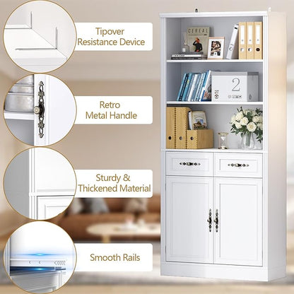 72'' Tall Bookcase with Doors and Drawers, Adjustable Shelves, P2 MDF Construction, 32'' Wide Freestanding Cabinet with Metal Handles, Hidden Storage for Living Room, Bedroom, White