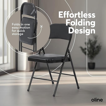 Oline Vinyl Folding Chairs, Padded Vinyl Cushion Chairs with Durable Metal Frame, Indoor Outdoor Stackable Foldable Guest Chairs for Office Wedding Kitchen Dining, 300lb Capacity (Black, 2 Pack)
