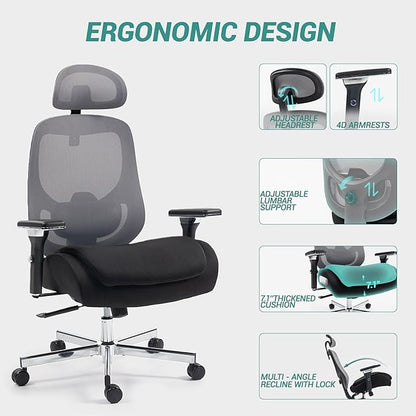 450 LBS Big and Tall Office Chair, Heavy Duty Executive Chair w/4D Arms, Ergonomic Computer Home Desk Chair, Swivel Mesh Chair w/2D Lumbar Support, Adjustable Headrest, Tilt Lock-Black and Grey