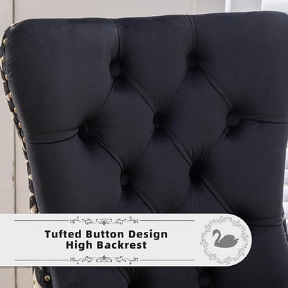 Velvet Upholstered Dining Chairs Set of 2, Modern Style Kitchen Side Chairs with Nailhead Trim and Wood Legs,Metal Pulling Ring for Dining Room Living Room(Quadrangular Star&Black)