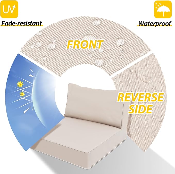 AAAAAcessories Outdoor Deep Seat Cushions, Waterproof, Fade-Resistant Patio Furniture Replacement Cushions, 25.5" x 25.5" x 5" + 25.5" x 13.5", Set of 4, Khaki Beige