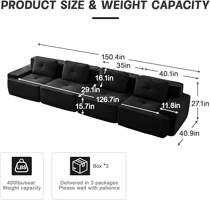 150.4” Black Boneless Couches for Living Room, Modular Sectional Sofa, 4 Seater Comfy Upholstered Deep Seat Corduroy Fabric Cloud Couch No Assembly, Anti-Slip Design