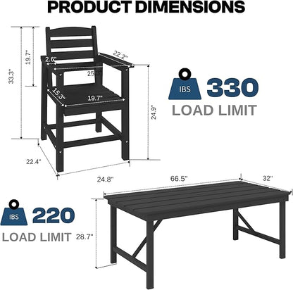 7 Piece Patio Dining Set with 11ft Patio Umbrella (Navy), 7 Black Outdoor HDPE Dining Set with 6 Chairs + 1 Large Table with 2" Umbrella Hole, for Market, Pool, Garden, Backyard, Deck
