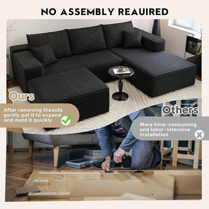 107.5" Cloud Sectional Couch with 1 Ottoman,Modern Modular Sofa with Deep Seat, Comfort U Shaped Sofa Couches for Living Room Bedroom Apartments,No Assembly Required, (Black,Right Facing Chaise)