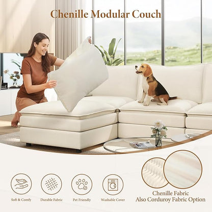 Vesgantti 74" Loveseat Cloud Couch with Ottoman, Comfy Sofa Deep Seat Chenille Modern 2 Seater with Armrest Pillow, Easy Assembly Small Loveseat Sets Couches for Living Room, Apartment, Beige