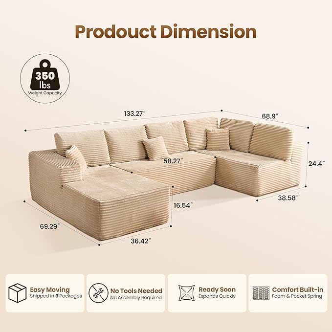 Cloud Sectional Couch with Chaise, Boneless U-Shaped Cloud Couch with Deep Seat, Soft Plush Modern Minimalist Sofa, Assembly Free Modular Floor Sofa for Office Living Room Apartment, Beige