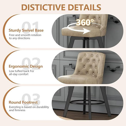 MINCETA Bar Stool, PU Leather Barstool, 30 Inch Upholstered Counter Stool with Low Tufted Back and Footrest, Swivel Counter Height Barstool for Kitchen Island Home Bar Khaki