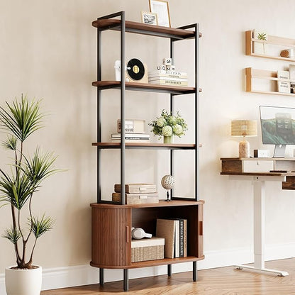 71" Tall Fluted Bookshelf with Sliding Tambour Doors, 4-Tier Mid Century Modern Metal Bookcase Cabinet w/Open Display Storage Shelf, Display Cabinet for Office, Living Room Walnut