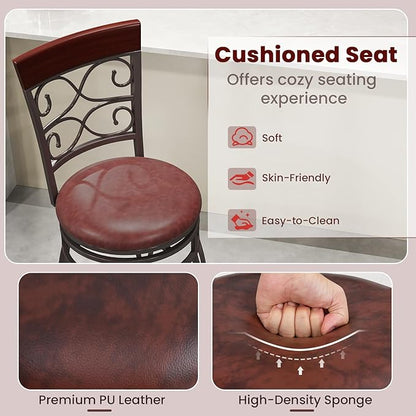 Giantex 26" Swivel Bar Stools Set of 2, Counter Height Bar Stools w/Back, Upholstered PU Leather Seat, Footrest, Max Load 330Lbs, Vintage Metal Barstools for Kitchen Island, Dining Room, Rustic Brown