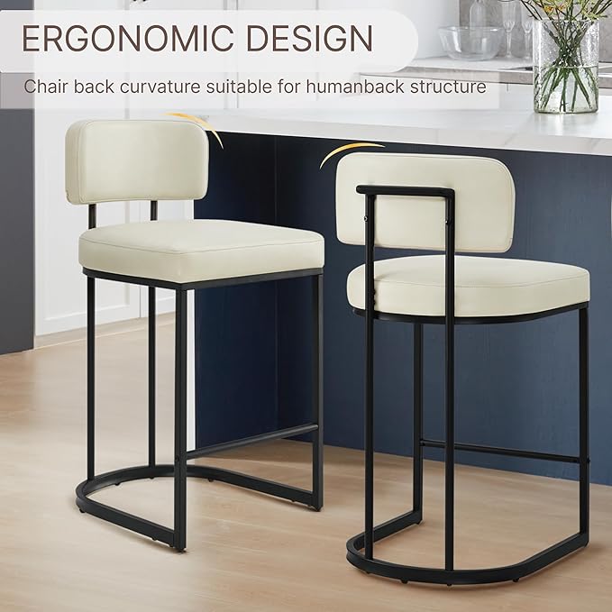 26" H Counter Height Bar Stools Set of 4, Modern Faux Leather Upholstered Barstools with Backrest for Kitchen Island, Black Metal Frames, Cream