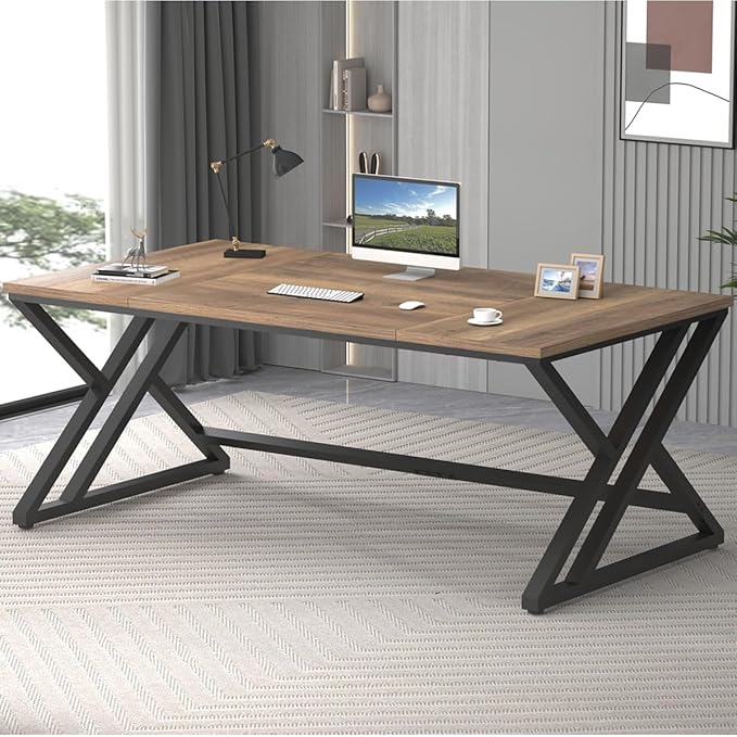 LVB Rustic Large Computer Desk, Industrial Extra Long Home Office Desk, Wood Pc Writing Work Study Computer Table Desk, Farmhouse Workstation Gaming Executive Desk for 2 Person, Rustic Oak, 70 Inch