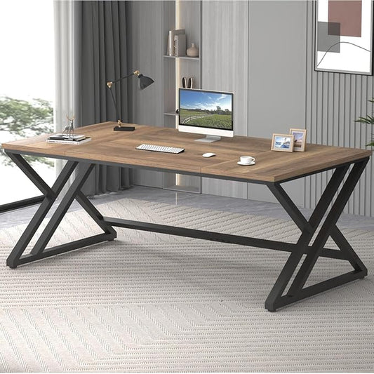 LVB Rustic Large Computer Desk, Industrial Extra Long Home Office Desk, Wood Pc Writing Work Study Computer Table Desk, Farmhouse Workstation Gaming Executive Desk for 2 Person, Rustic Oak, 70 Inch