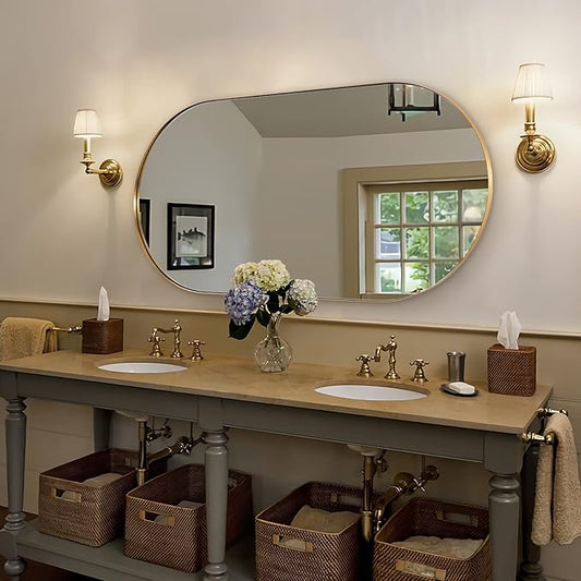ANDY STAR Gold Bathroom Mirror 60 x 30 Inch, Full Length Mirror, Oval Vanity Mirror, Pill Shaped Mirror in Stainless Steel 1’’ Deep Wall Mounted Vertical/Horizontal