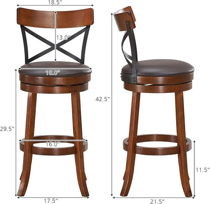 COSTWAY Bar Stool Set of 2, 360-Degree Swivel Solid Wood Stools with Soft Cushion & Backrest, 29.5”Height Kitchen Counter Bar Stools for Kitchen Island, Pub, and Restaurant (2, 29in)