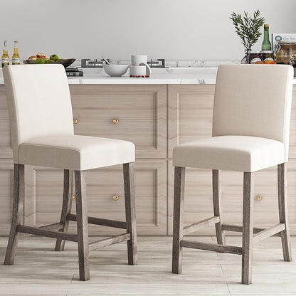 COSTWAY Counter Height Bar Stools Set of 2, 24.5’’ Upholstered Mid Century Modern Island Chairs with Rubber Wood Legs, Wooden Barstools for Kitchen, Dining Room, Bar, Restaurant (Beige)