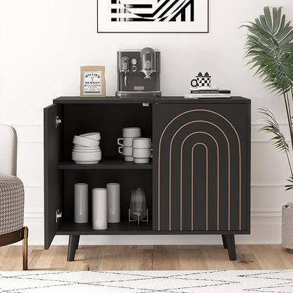 Accent Cabinet with Carving Lines, Modern Buffet Sideboard with Adjustable Shelves, Decorative Storage Cabinets for Bedroom Living Room Kitchen Office and Hallway (Black, 1)