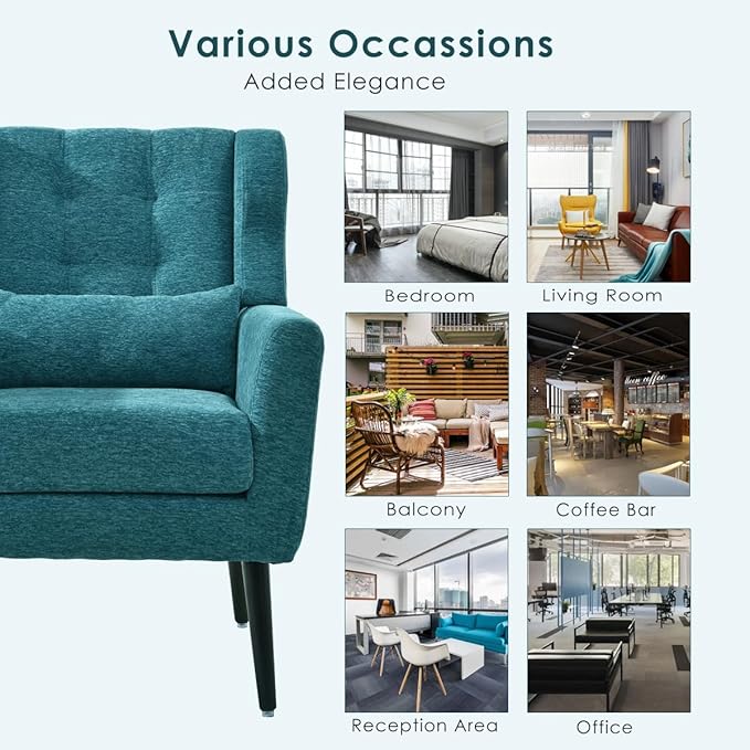 Accent Chair, Comfy Upholstered Living Room Chairs with High Tufted Backrest and Pillow, Wingback Reading Chair with Solid Wood Legs for Bedroom/Office, Chenille Fabric, Teal