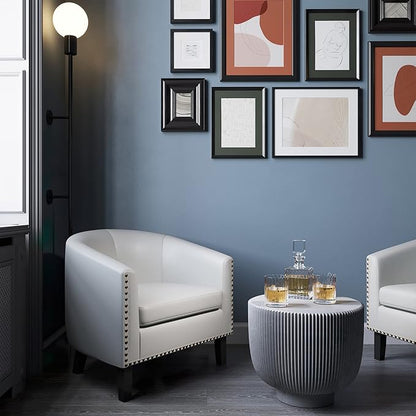BELLEZE Accent Barrel Chairs Set of 2, Modern Tub Club Chairs Upholstered Armchairs for Living Room, Faux Leather Chairs with Gold Nail Head Trim Black Legs - Kyara (White)