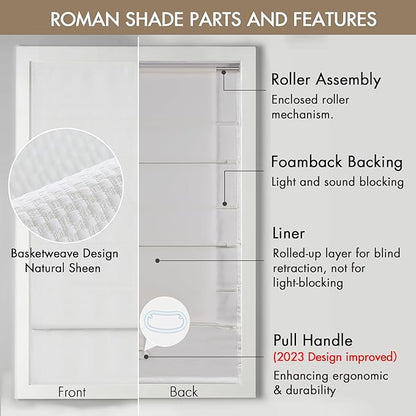 Madison Park Galen Cordless Roman Shade, 35W x 64"H, Sheen White – Room Darkening, Thermal Insulated, Energy Efficient Window Blind with Subtle Sheen Basketweave Fabric for Privacy