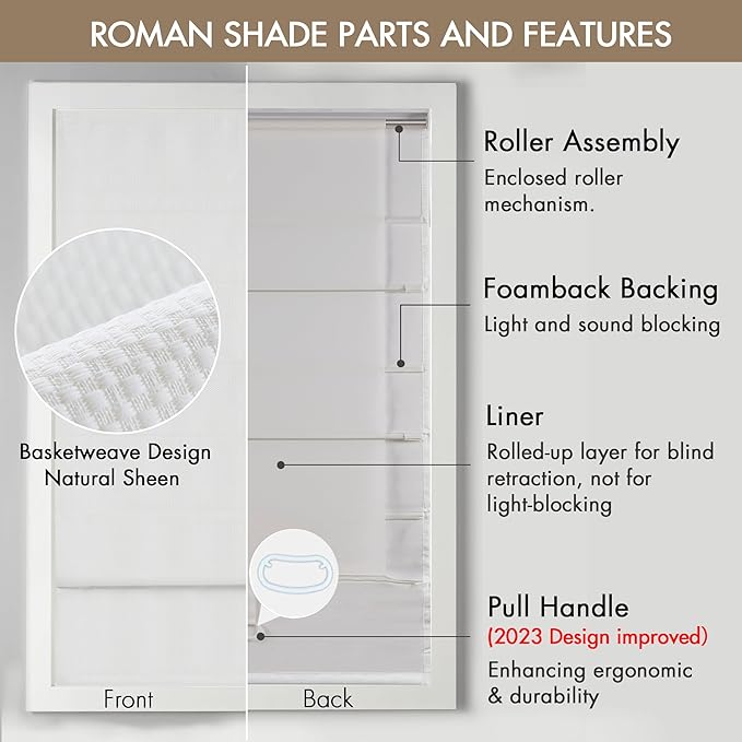 Madison Park Galen Cordless Roman Shade, 29"W x 64"H, Sheen White – Room Darkening, Thermal Insulated, Energy Efficient Window Blind with Subtle Sheen Basketweave Fabric for Privacy