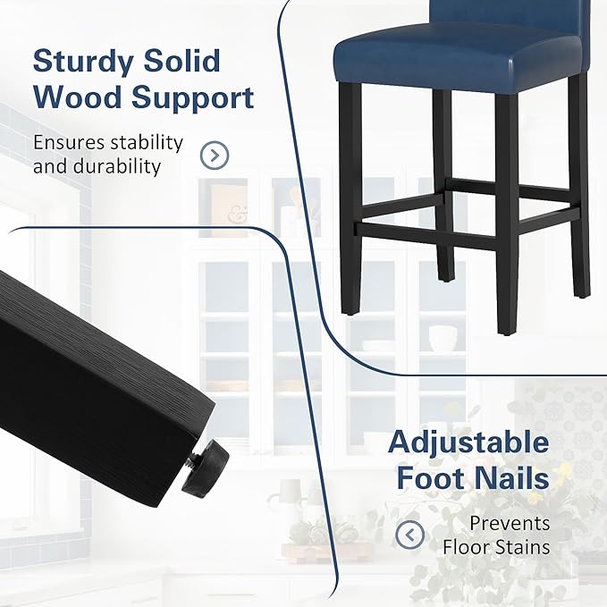 LSSPAID Counter Height Bar Stools Set of 2, 24.8 Inch Upholstered PU Leather Barstools, Modern Kitchen Island Chairs with Backrest and Solid Wood Legs, Navy Blue