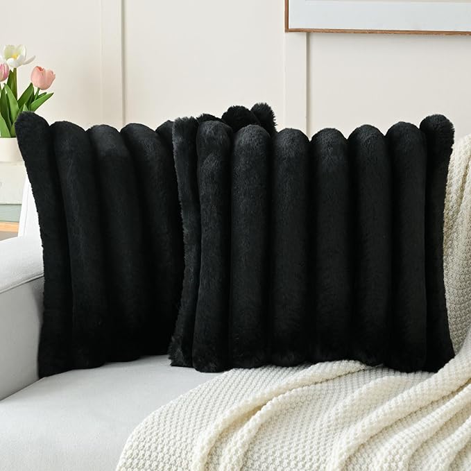 FUTEI Black Decorative Throw Pillow Covers 26x26 Inch Set of 2, Square Soft Faux Rabbit Fur Thick Striped Euro Pillow Shams,Winter Home Decor for Couch Bed Living Room