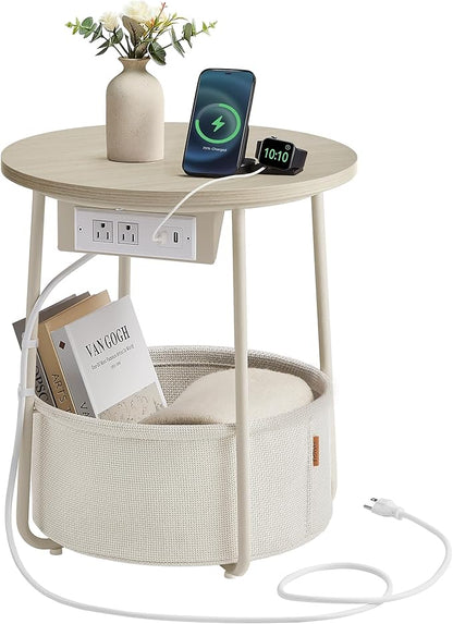 VASAGLE LILEA Collection - Side Table with Charging Station, Round End Table with Fabric Basket, Nightstand with USB Ports, for Living Room, Bedroom, Modern, Cream White ULET228N01