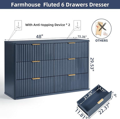 LEYAOYAO Fluted 6 Drawers Dresser Set of 2, 48" Wide Modern Chest of Drawers with Wood Grain Top, Curved Profile Design, Dresser TV Stand, Wooden Drawer Organizer for Bedroom, Living Room,Hallway,Blue