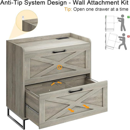 File Cabinet 2 Drawers, Lateral File Cabinet with Charging Station for Letter/Legal/A4 Size Hanging Files, Large Wood File Storage Cabinets Printer Stand for Home Office, Washed Gray