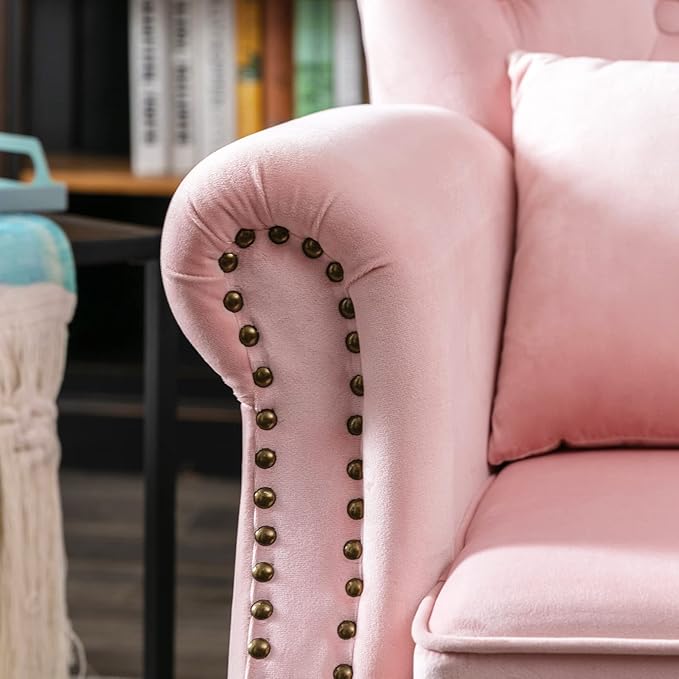 Accent Reading Arm Chairs Set of 2 for Living Room Bedroom, Midcentury Modern Comfy Corner Sofa Chair, Wingback Waiting Room Club Chair with Button Tufted Back &Lumbar Pillow, Velvet Pink