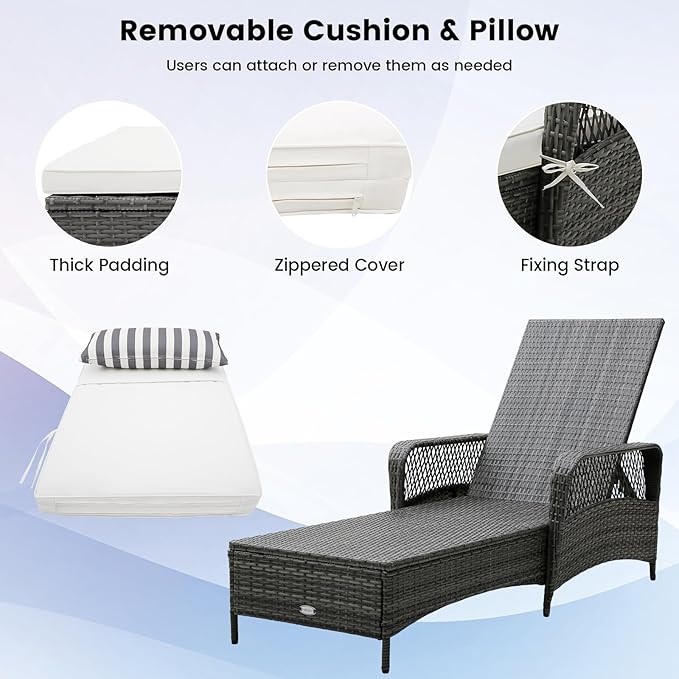 COSTWAY PE Rattan Chaise Lounge Chair, 6 Gear Adjustable Recliner with Armrest & Pillow, Wicker Outdoor Furniture for Deck, Patio (1, Gray)