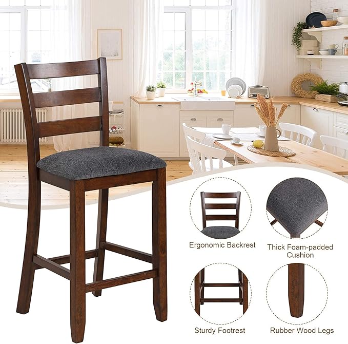 COSTWAY Set of 4 Counter Height Bar Stool, 25.5-Inch Upholstered Bar Stools with Solid Rubber Wood Frame, Foam-Padded Cushion, Footrest, Kitchen Chair for Bistro, Living Room, Grey and Brown