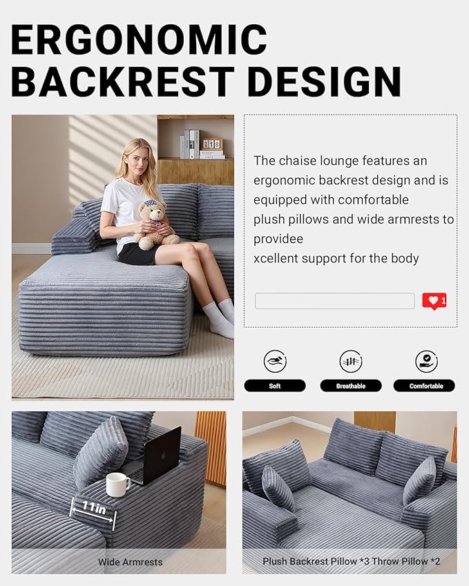 108 Inch Cloud Sectional Couch,Modern Modular Sectional Sofa with Deep Seat,Corduroy Boneless Couches with L-Shape Chaise for Living Room,No Assembly Required (Grey, Left Facing Chaise + Ottoman)