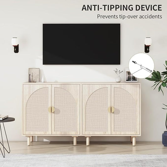 Beige Rattan Cabinet-2-Doors,Sideboard Buffet Cabinet with Storage-Accent Storage Cabinet with Cane Door, Boho Wood Credenza for Dining Room, Kitchen,Study Room (Beige Set 2)