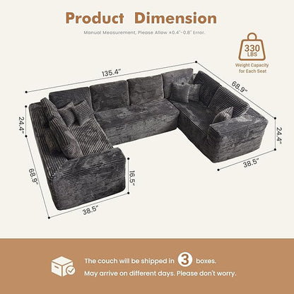 135.4'' U Shaped Sectional Couches for Living Room, Large Boneless Cloud Couch, Modern Modular Sofa Deep Seat Plush Corduroy, No Assembly Required,Plush Corduroy,Gray