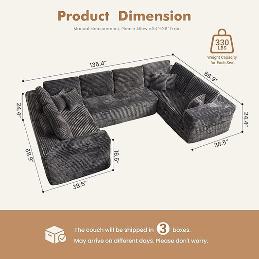 135.4'' U Shaped Sectional Couches for Living Room, Large Boneless Cloud Couch, Modern Modular Sofa Deep Seat Plush Corduroy, No Assembly Required,Plush Corduroy,Gray