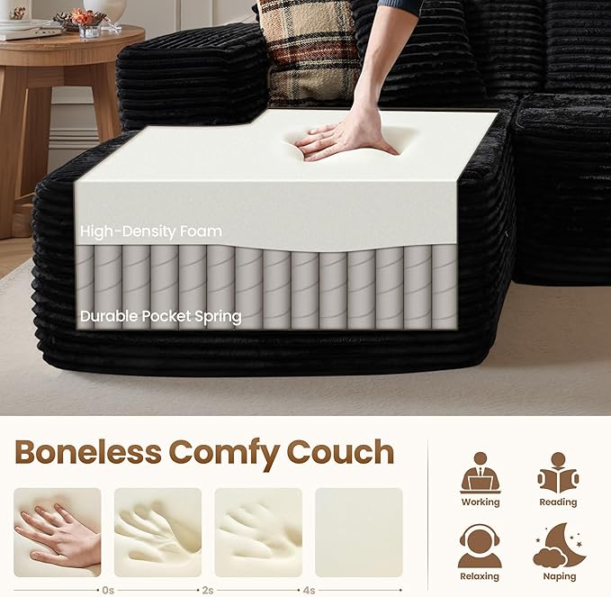 Cloud Sectional Couch with Chaise, Boneless U-Shaped Cloud Couch with Deep Seat, Soft Plush Modern Minimalist Sofa, Assembly Free Modular Floor Sofa for Office Living Room Apartment, Black