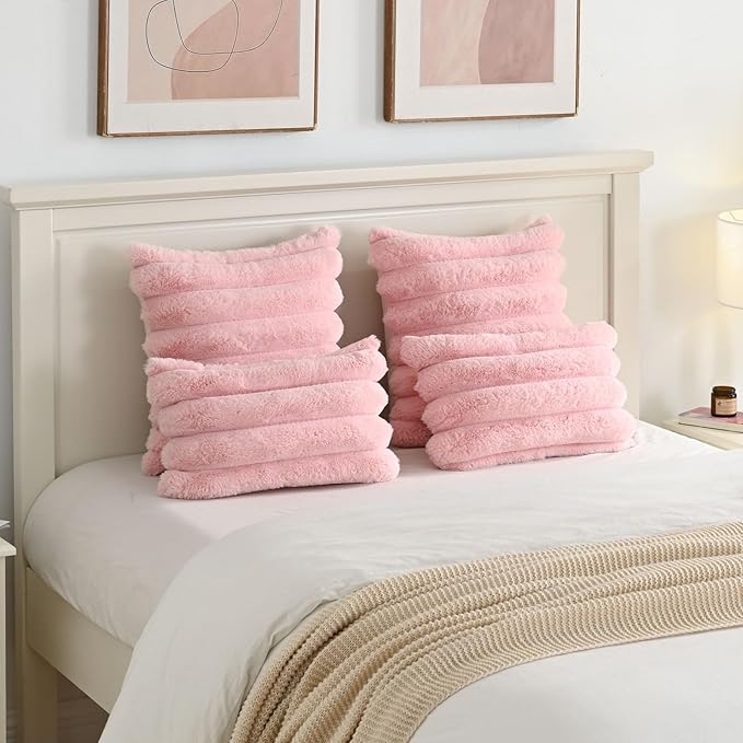 FUTEI Pink Decorative Throw Pillow Covers 12x20 Inch Set of 2, Square Soft Faux Rabbit Fur Thick Striped Lumbar Pillow Case,Winter Home Decor for Couch Bed Living Room