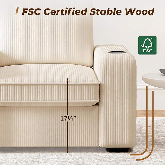 Furnimart 36" Wide Plush Accent Chair, Single Sofa with USB Charger & Cup Holder, Oversized Comfy Chair Tufted Corduroy Fabric, Ideal for Living Room, Bedroom, Apartment(Corduroy-Beige)