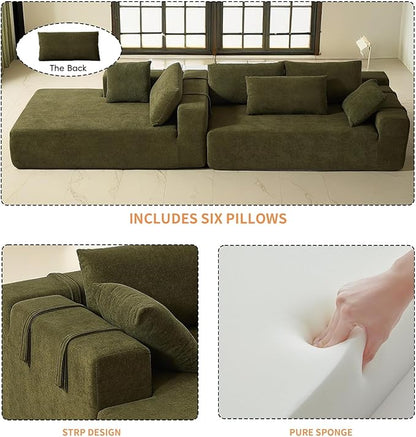 108" Modular Sectional Couch Sofa with L-Shape Chaise, Modern Cloud Comfy Sofa with Deep Seat, Upholstered Couches for Living Room Bedroom, No Assembly Required (Green Right Facing Chaise)