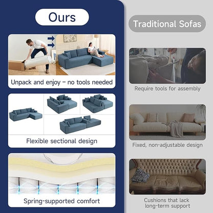 2025 New 108" Cloud Couch Sectional, Modular Sectional Sofa with L-Shaped Chaise, Deep Seat Sectional Modular Couch for Living Room, No Assembly Required (Blue, Right Facing Chaise)