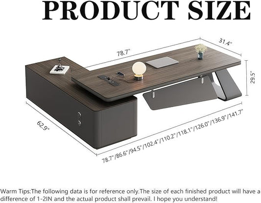L Shaped Executive Desk, 86.6 inch Large Executive Computer Desk Set Drawers and Lockable, Power Socket and USB Port Storage, Without Display Racks and Bookshelves