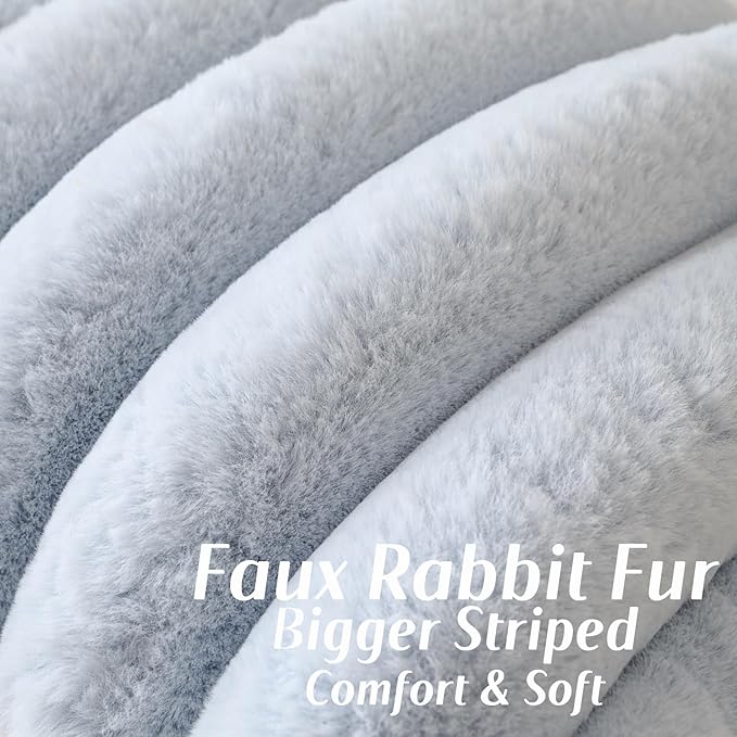 FUTEI Light Blue Decorative Throw Pillow Covers 24x24 Inch Set of 2, Square Soft Faux Rabbit Fur Thick Striped European Cushion Covers,Winter Home Decor for Couch Bed Living Room