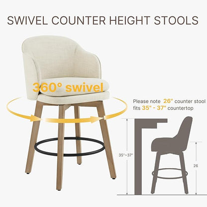 Counter Height Barstools 26 inch Upholstered Swivel Bar Stools with Back and Wood Legs for Kitchen Island,Set of 2,Linen Fabric