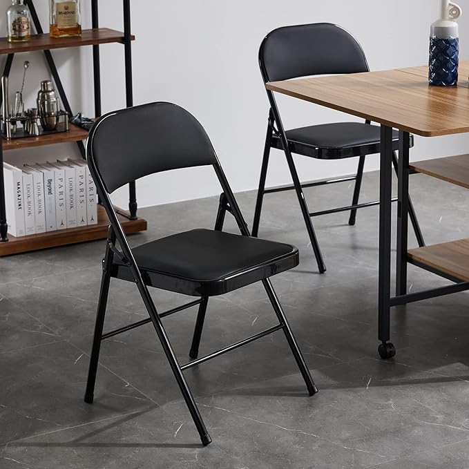 6 Pack Black Folding Chairs with Padded Seats, Portable Stackable Foldable Chairs for Indoor and Outdoor, Commercial Seat with Metal Frame for Events Office Wedding Party, 330lbs Capacity