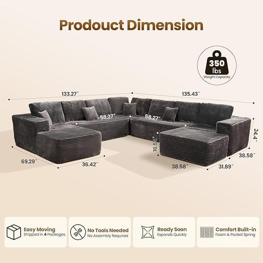 Cloud Sectional Couch with Chaise, Boneless U-Shaped Cloud Couch with Deep Seat, Soft Plush Modern Minimalist Sofa, Assembly Free Modular Floor Sofa for Office Living Room Apartment, Grey