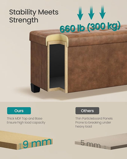 SONGMICS Storage Ottoman, Storage Bench with Legs,15 x 43 x 15.7 Inches, Ottoman Bench, 30 Gal. (112 L), Synthetic Leather, for Living Room, Entryway, Coffee Brown ULSF0514K03