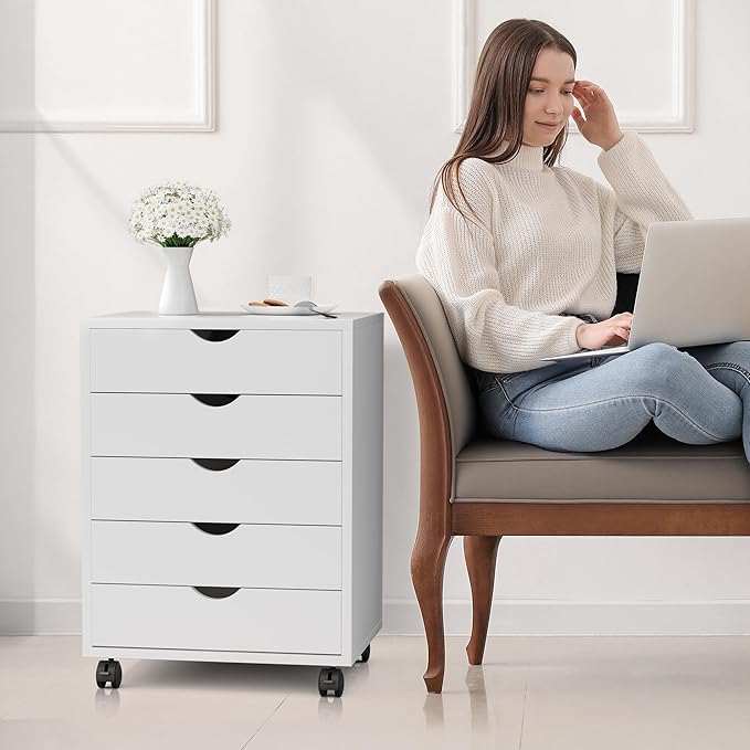 5 Drawer Chest, Storage Cabinet Dressers with Wheels, Dressers Storage Cabinets, Dresser Mobile Cabinet with Wheels, Room Organizer, Drawers Wood Organization Furniture for Office, Home, White