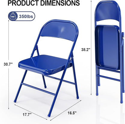 VINGLI Folding Chairs All Steel Metal Frame, Capacity 350 lbs, Durable Portable and Versatile for Indoor Outdoor Use, Navy Blue, Set of 4